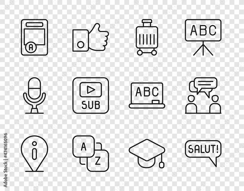 Set line Information, Salut in different languages, Suitcase, Vocabulary, Exam sheet with A plus grade, Video subtitles, Graduation cap and Two sitting men talking icon. Vector Set line Information, Salut in different languages, Suitcase, Vocabulary, Exam sheet with A plus grade, Video subtitles, Graduation cap and Two sitting men talking icon. Vector