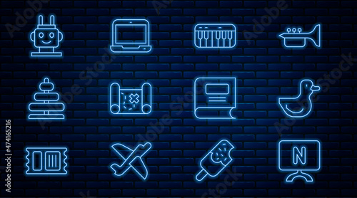 Set line Smart Tv, Rubber duck, Music synthesizer, Pirate treasure map, Pyramid toy, Robot, Book and Laptop icon. Vector