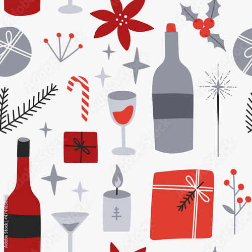 Happy New year 2022, 2023 Merry Christmas celebration seamless pattern. Champagne, gift box, wineglass, goblet, poinsettia, sparklers. Party festive merry wrapping paper, card, banner Vector eps 10