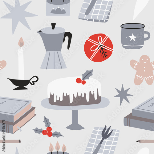 Cozy Merry Christmas winter seamless pattern with cute kitchenware and food elements. Card, wrapping paper, banner. Vector illustration