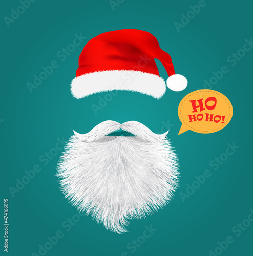 santa claus realistic cap, mustache and beard. Hohoho text