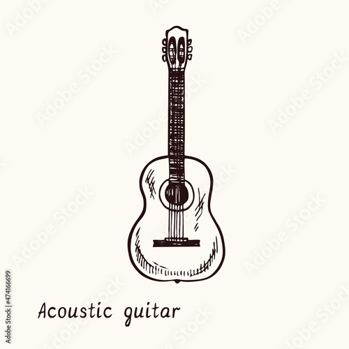 Acoustic guitar. Ink black and white doodle drawing in woodcut style with inscription.
