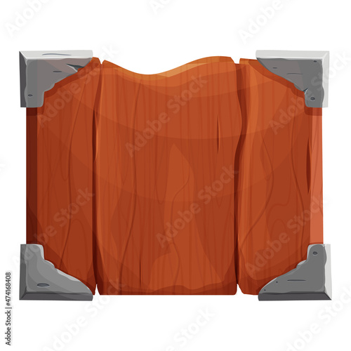 Wooden plank, frame with iron decorations in comic cartoon style isolated on white background. Tribal, rural, medieval clip art. Ui game asset.