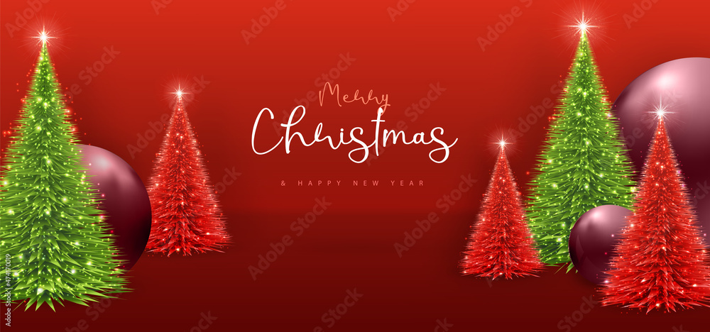 Merry Christmas and happy New Year poster with christmas holiday decorations. Christmas holiday background. Vector illustration