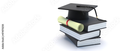 Graduation. College graduate cap, books and diploma isolated on white, space. 3d illustration photo