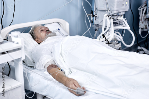 Billede på lærred caucasian european senior male Patient on bed in private room in hospital