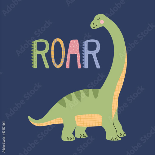 Cute green brontosaur and ROAR lettering isolated on blue background. Funny dinosaur, prehistoric animal with long neck and short legs. Cartoon clip art for kids. Hand drawn flat vector illustration
