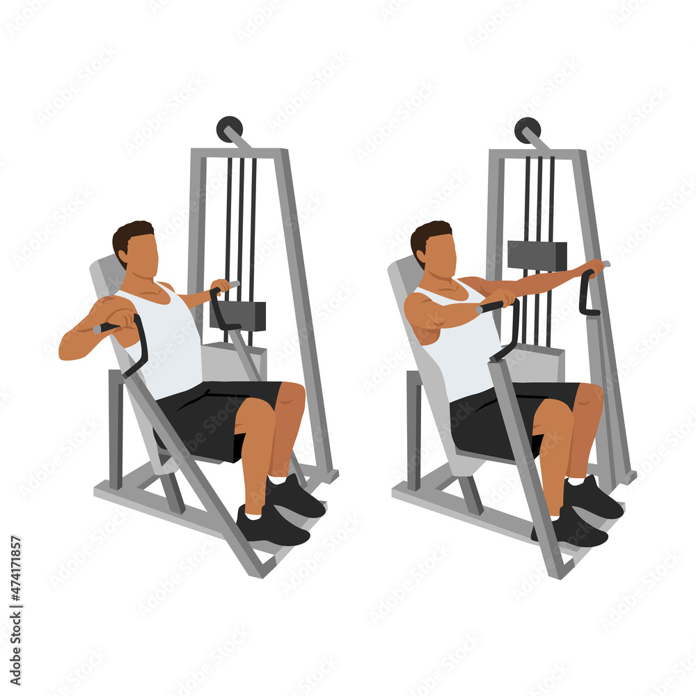 Hammer strength machine. Seated chest press exercise. Flat vector  illustration isolated on white background. Workout character Stock Vector |  Adobe Stock