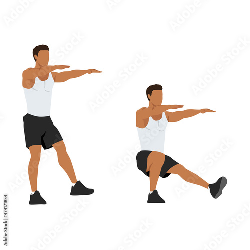 Man doing Single leg squat. Pistol squats exercise. Flat vector illustration isolated on white background. Workout character set