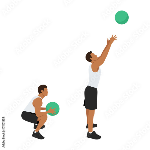 Medicine ball throw exercise. Flat vector illustration isolated on white background. workout character set