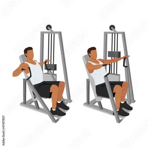Hammer strength machine. Seated chest press exercise. Flat vector illustration isolated on white background. Workout character