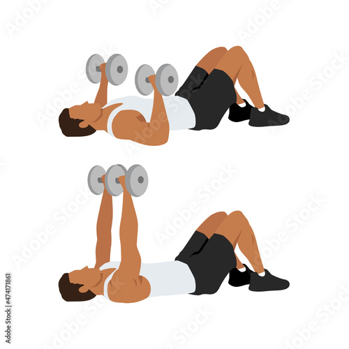 Dumbbell floor chest press exercise. Flat vector illustration isolated on white background. Workout character