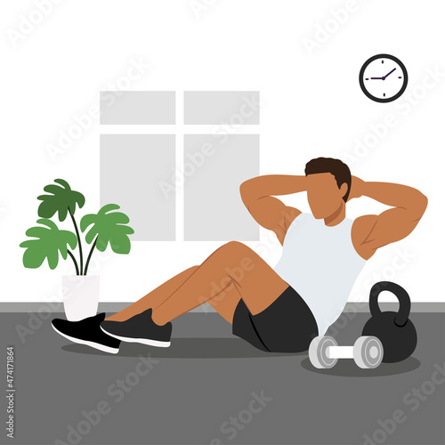 Cool old man doing sit up exercise flat vector illustration isolated on white background