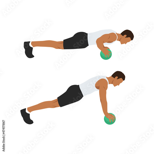 Medicine ball push ups exercise. Flat vector illustration isolated on white background. Chest exercise