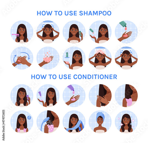 Pretty Black Woman Applies Shampoo and Conditioner. Steps. Beautiful Lady Washes Hair and Eses a Towel. Set. Flat Cartoon Color Fashion style. White background. Vector illustration for Beauty Design.