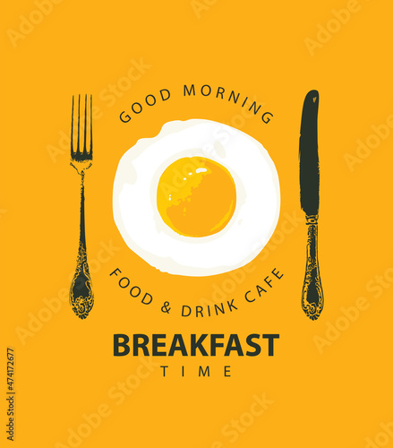 Vector banner on the theme of breakfast time with delicious scrambled eggs, a beautiful old fork and knife on a yellow background. Morning food and drink menu for cafe or restaurant