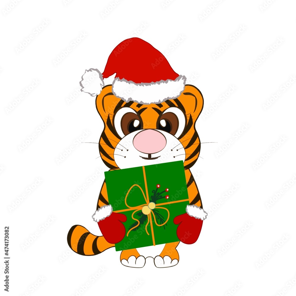 Fototapeta premium A tiger in a Santa Claus costume with a gift as a symbol of 2022. Cute orange striped cat in mittens and a hat. Suitable for printing on a Christmas card, craft paper, for decoration.