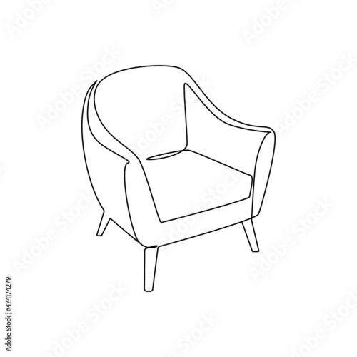 Modern furniture armchair for home interior in outline contour lines. Simple linear icon of comfy chair. Doodle vector illustration