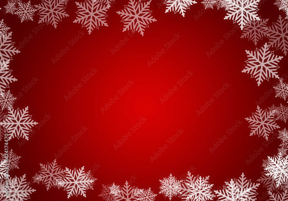 Copos de navidad en fondo rojo en degradado.