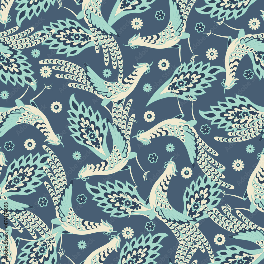 Paisley vector seamless.  Damask style fabric illustration with Birds