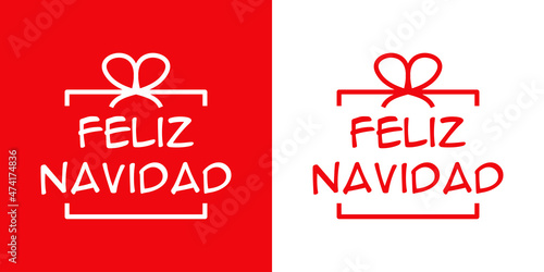 Banner con texto Feliz Navidad en español en caja de regalo con líneas para su uso en invitaciones y tarjetas de felicitación en fondo rojo y blanco