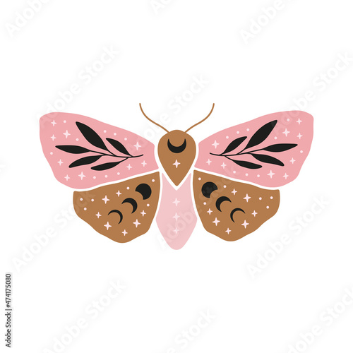 Celestial butterfly vector illustration. Mystical luna moth with moon phases. Magic floral insect on white background. Design for boho poster, card, madical t shirt print, tag, sticker.