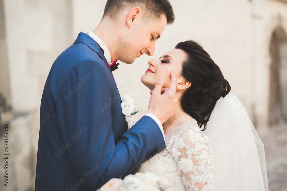 Fototapeta premium Luxury married wedding couple, bride and groom posing in old city