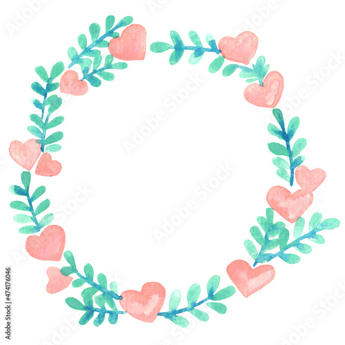 Pink heart with fern leaves wreath watercolor for decoration on Vatentine s day and wedding event.