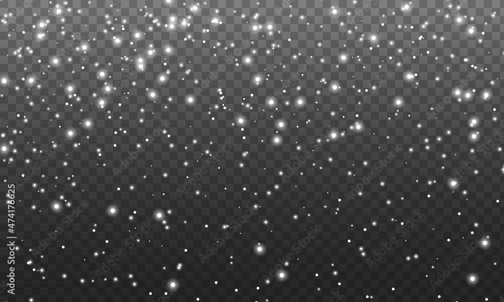 Realistic falling snow with snowflakes and clouds. Winter transparent background for Christmas or New Year card. Snow flakes, snow background. heavy snowfall, snowflakes in different shapes and forms.