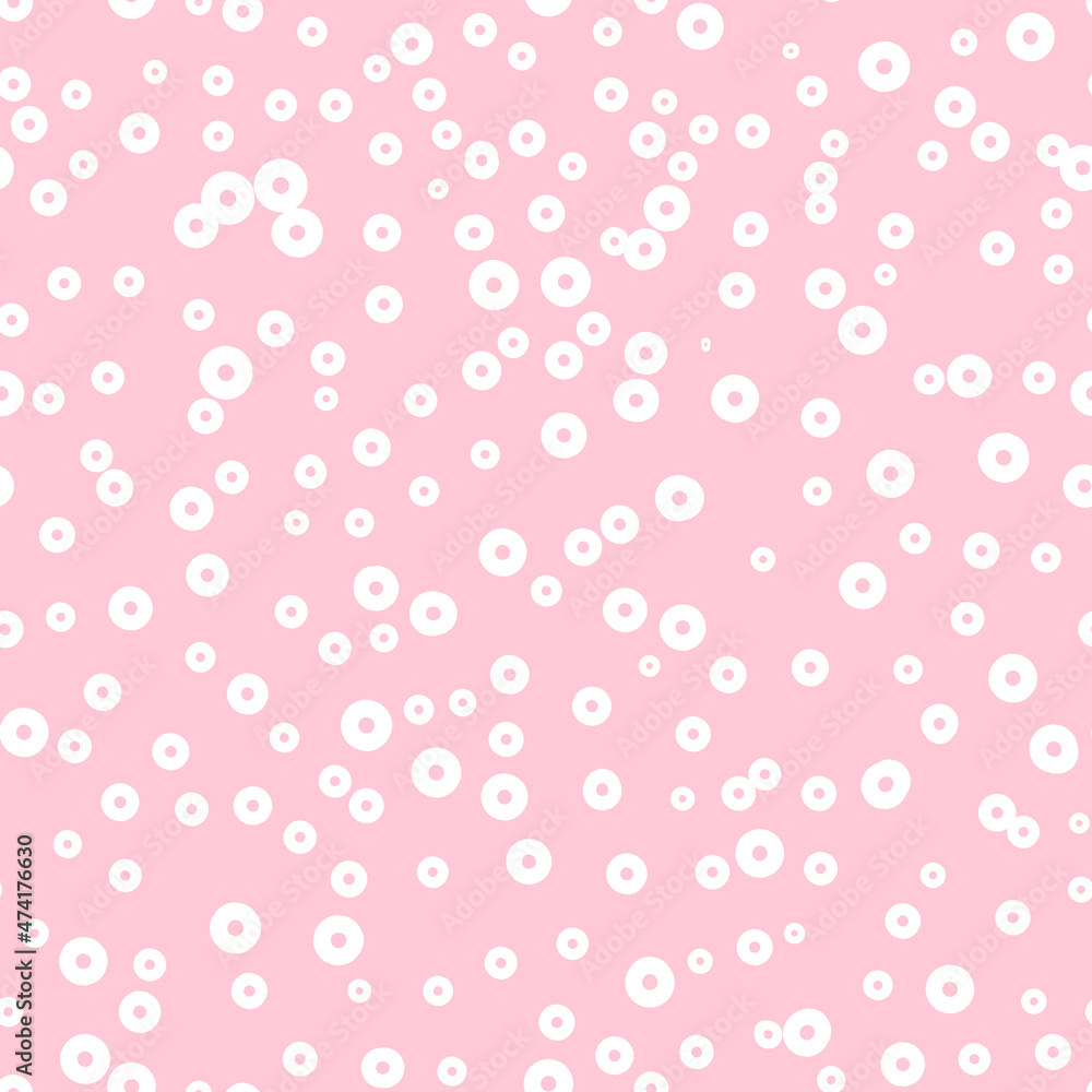 Abstract hand drown polka dots background. Pink seamless pattern with white circles. Template design for invitation, poster, card, flyer, textile, fabric Abstract hand drown polka dots background. Pink seamless pattern with white circles. Template design for invitation, poster, card, flyer, textile, fabric