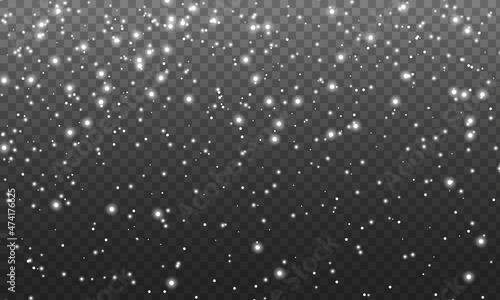 Realistic falling snow with snowflakes and clouds. Winter transparent background for Christmas or New Year card. Snow flakes, snow background. heavy snowfall, snowflakes in different shapes and forms.
