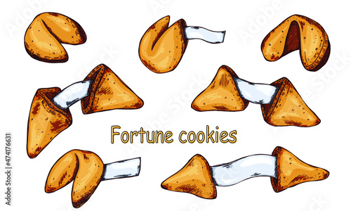 Chinese fortune cookies vector hand drawn set isolated on white backgrounds. Colorful food illustration. Crisp cookie with a blank piece of paper inside. For print, web, design, decor, logo.