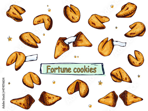 Chinese fortune cookies vector hand drawn set isolated on white backgrounds. Colorful food illustration. Crisp cookie with a blank piece of paper inside. For print, web, design, decor, logo.