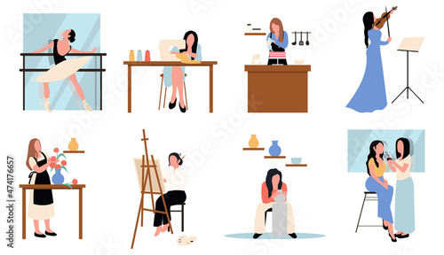 Collection of male and female art, handicraft and creative workers or professionals. Creative occupation set. Designer and artist at work, dancer