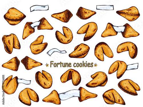 Chinese fortune cookies vector hand drawn set isolated on white backgrounds. Colorful food illustration. Crisp cookie with a blank piece of paper inside. For print, web, design, decor, logo.