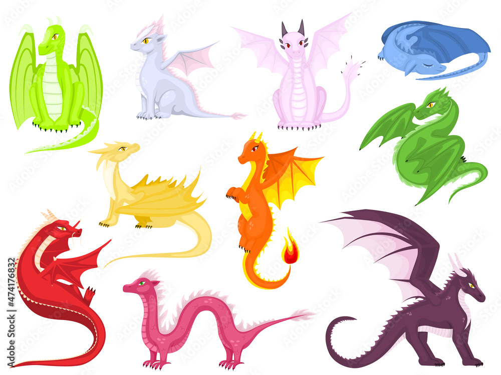 Obraz premium Fairy dragons. Funny fairytale dragon, cute magic lizard with wings and baby fire breathing serpent. Vector cartoon illustration of fire breathing monsters from medieval mythology