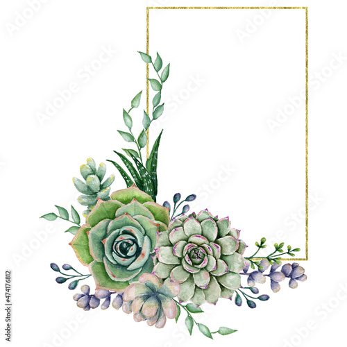 Hand painted succulent rectangle frame, Watercolor polygonal floral frame, Gold glitter cactus frame, Botanic Geometry frame with succulents, Nature spring illustration for wedding, invitations