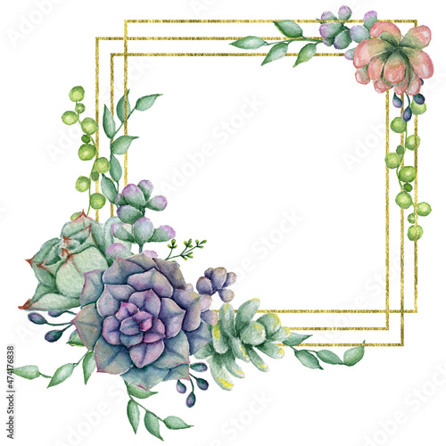 Gold glitter cactus frame, Watercolor polygonal floral frame, Hand painted succulent square frame, Botanic Geometry frame with succulents, Nature summer illustration for wedding, greeting, invitations