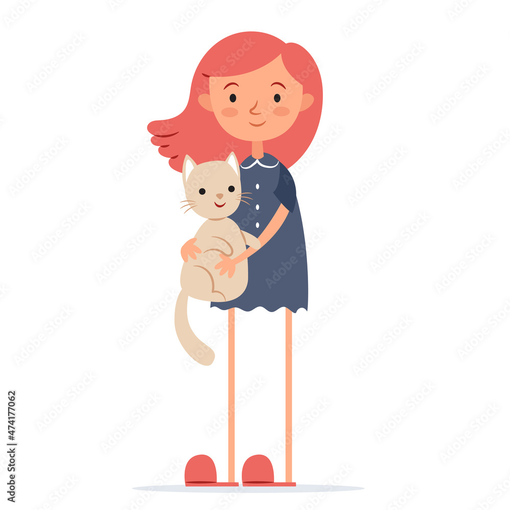 Girl with pink hair holding a white cat. Cute children's illustration. Home comfort. Minimalist, Scandinavian design. Girl with pink hair holding a white cat. Cute children's illustration. Home comfort. Minimalist, Scandinavian design.