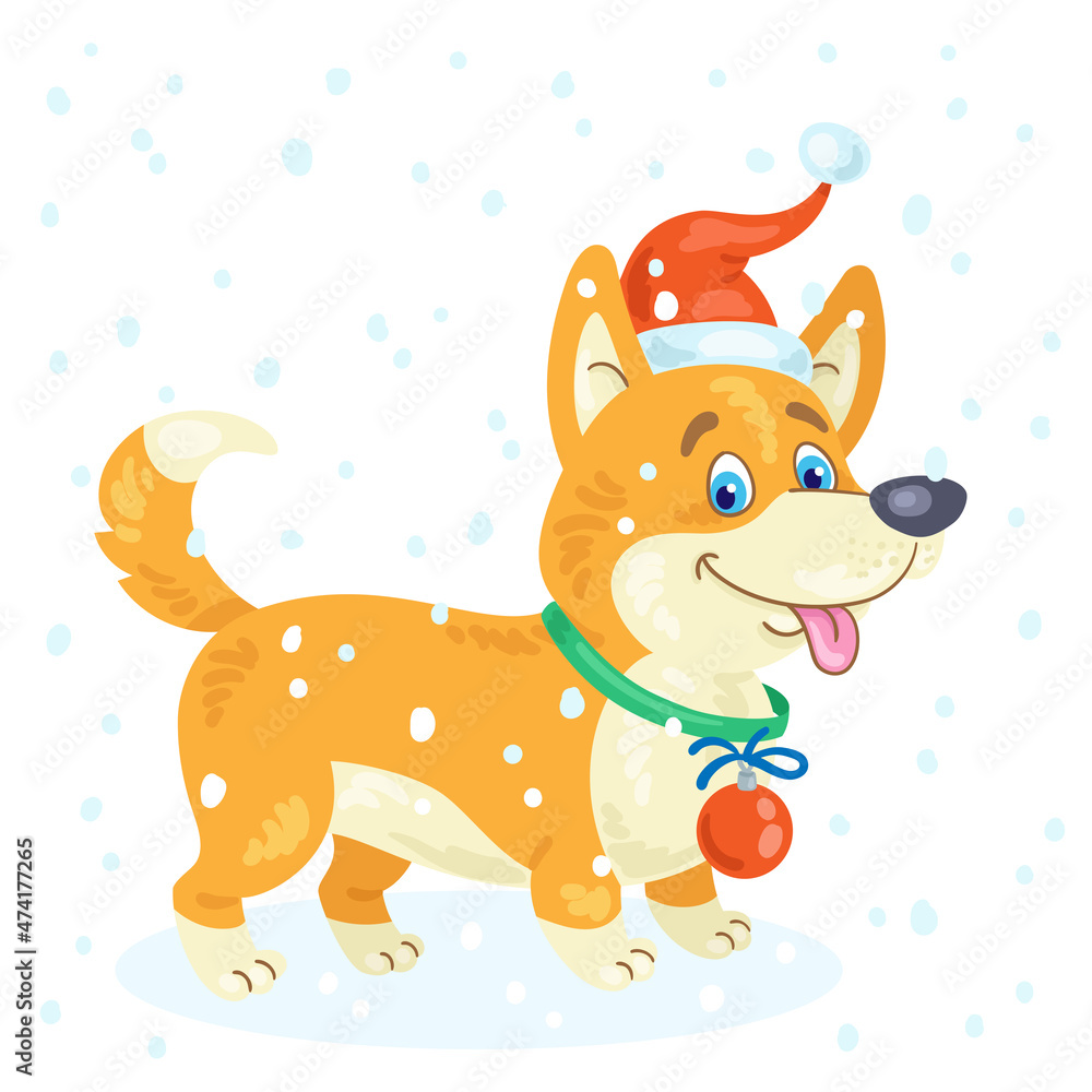 Funny corgi dog in a red Santa Claus hat with snowflakes. In cartoon style. Isolated on white background. Vector illustration. Funny corgi dog in a red Santa Claus hat with snowflakes. In cartoon style. Isolated on white background. Vector illustration.