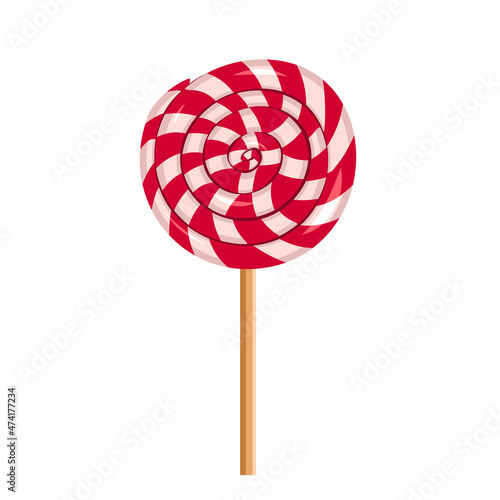 Red Christmas striped lollipop. Festive sweetness in spiral for new year, birthday and holiday. Vector flat illustration