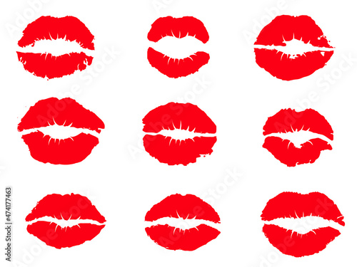 Red female glossy lips collection of various emotions. Different shapes of female red lips. lips makeup 