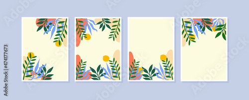 Set 4 illustration wall art. Abstract backgrounds with minimal shapes and botanical line art elements