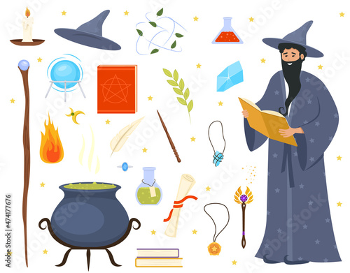 Set of magician tools and male wizard character. Magic witch set for concept design. Wizard with magic attributes on white background