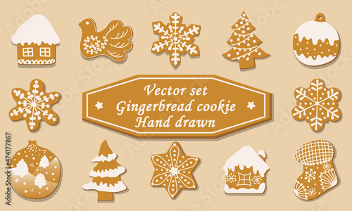Set of vector illustrations on a pink background. Feast of Christmas. Gingerbread or gingerbread with white frosting 