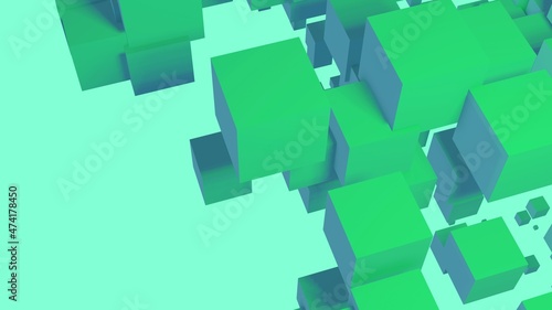 Artificial intelligence 3d render background. Abstract geometric figures template for tech company  business  covers  banners  media  illustrations. Green pixel blocks