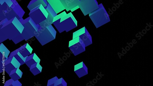 Artificial intelligence 3d render background. Abstract geometric figures template for tech company, business, covers, banners, media, illustrations. Purple and green blocks on black