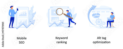 Mobile SEO, Keyword ranking, Alt tag optimization. Search engine marketing abstract concept vector illustration set.