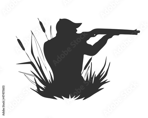 Duck hunter silhouette, thickets of reeds, logo, label, isolated on white background. Vector illustration