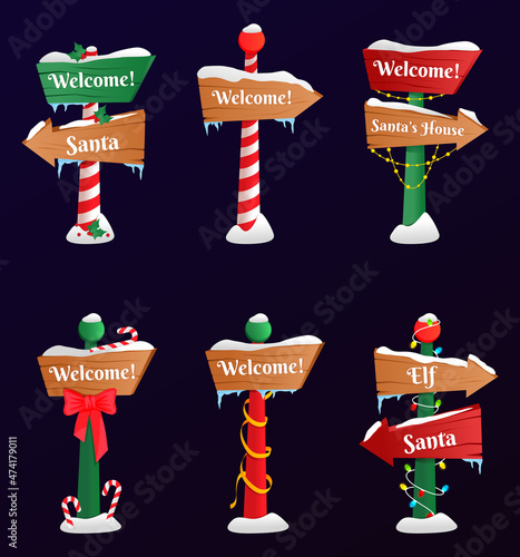 Collection of North Pole signs or Christmas. Winter holiday xmas symbol, cartoon banner. Christmas set. EPS 10. Transparency. Gradients.